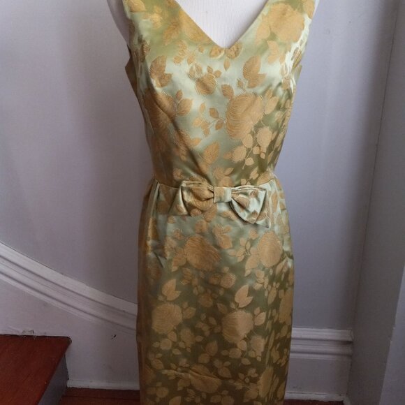 VINTAGE 1960'S GREEN GOLD BROCADE DRESS JACKET SET - Picture 7 of 15